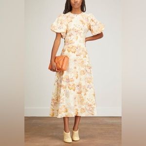 ALEMAIS Philomena Floral Linen Midi Dress in Cream Size 6